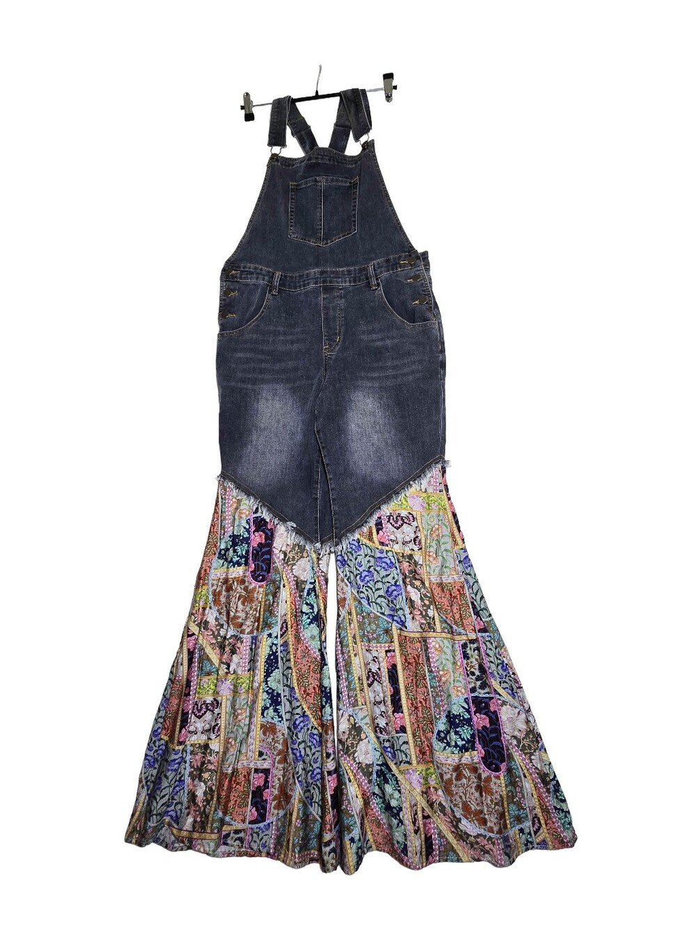 Easel Los Angeles Jean Boho Floral Festival Patchwork Flare Overalls Sz L